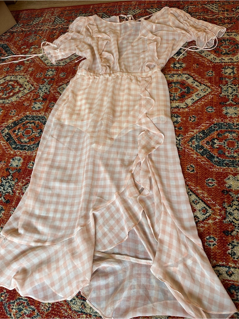 For Love & Lemons Peach and White Gingham Maxi Dress